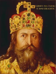 Retrato idealizado do imperador Carlos Magno com as vestes da coroação e a Coroa Imperial. Nuremberga, 1517