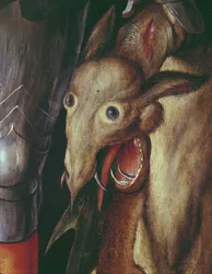 Retábulo de Paumgartner: detalhe da Asa da Mão Esquerda, representando a cabeça do dragão derrotado por São Jorge, c.1500 têmpera no detalhe do painel de 495745