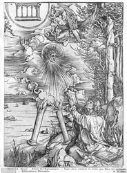Cena, apocalipse, são, john, devouring, livro, latim, edição, 1511, (woodcut), (bw, photo)