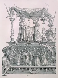 O Casamento da Borgonha ou a Procissão Triunfal do Imperador Maximiliano I da Alemanha (1459-1519) mostrando o carro de casamento de Maximiliano e Maria da Borgonha (1458-82), pub. 1526 (detalhe