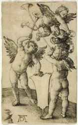 Três Putti com escudo e capacete