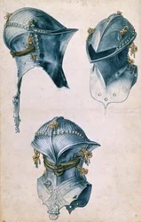 Três vistas de um capacete de justa, c. 1500.