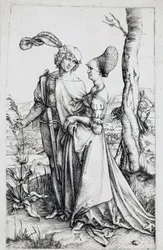 Um casal caminhando, observado pela Morte escondido atrás de uma árvore, segurando uma ampulheta). Gravura de Albrecht Durer (1471-1528) 1496-1498 Dim. 19x12 cm Berlim, gabinete de gravura