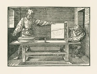 Um homem a desenhar um alaúde