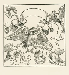 Uma coruja atacada por quatro outras aves, c.1515 (xilogravura)