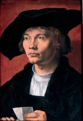 Retrato de Bernhard von Reesen, colecionador de arte ne en 1490 - Retrato de Bernhard von Reesen - Pintura de Albrecht Durer (1471-1528) Óleo sobre madeira 1521 (45,5x31,5cm) - Galeria de Arte do Estado, Dresden