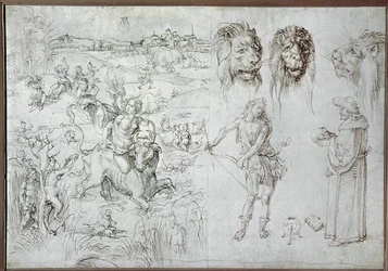 Violação de Europa, cabeças de leão, arqueiro, sábio, caveira (desenho)