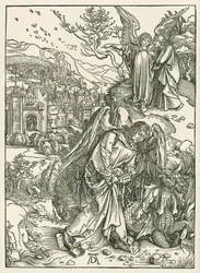 O Anjo com a Chave que lança o Dragão no Abismo e outro Anjo que mostra a São João a Nova Jerusalém, c.1497-98 (xilogravura)