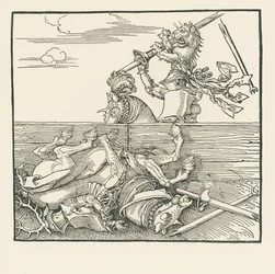 O Torneio Estrangeiro. Maximiliano tira o seu adversário Jacop de Heri da sela, c.1517-18 (xilogravura)