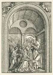 A Sagrada Família com dois anjos num pórtico, c.1503-04 (xilogravura)