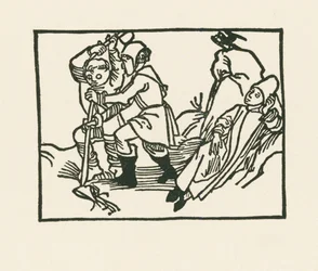 O padre está deitado no prado, um corvo coaxa numa pedra oca, c.1489-90 (xilogravura)