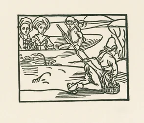 A duquesa está num barco na água onde o padre está a lavar as suas roupas interiores, c.1489-90 (xilogravura)
