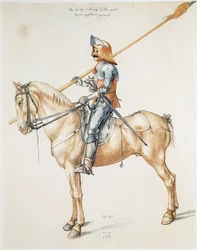 O cavaleiro de armadura. Desenho a aguarela a partir de um original de Albrecht Dürer