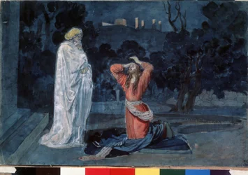Jesus no Jardim das Oliveiras (ou Jardim do Getsêmani) (Jesus no Jardim do Getsêmani). Obra de Alexander Andreyevich Ivanov (1806-1858), aquarela sobre papel, por volta de 1840. Arte russa do século XIX. Galeria Estatal Tretyakov, Moscou (Rússia).