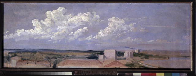 Nuvens sobre a costa do mar. Paisagem com algumas casas ao longo da costa, encimadas por grandes nuvens brancas. Obra de Alexander Andreyevich Ivanov (1806-1858), óleo sobre papel