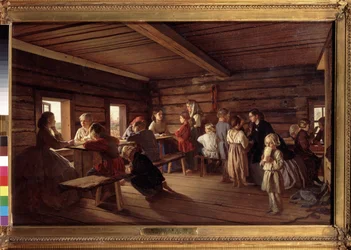 Em uma escola de campo. Pintura de Alexander Ivanovich Morozov (1835-1904), óleo sobre tela