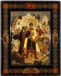 Yaroslav Vladimirovich, o Sábio (978-1054), Grande Príncipe de Kiev (Ucrânia) (Yaroslav, o Sábio). Trabalho de Alexander Morozov, laca (tempera sobre verniz)