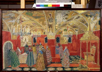 O Kremlin. Desenho preparatório para a ópera Boris Godunov de Modeste Mussorgsky (1839-1881) (No Kremlin. Desenho de conjunto para a ópera Boris Godunov de M.Mussorgsky). Obra de Alexander Yakovlevich Golovin (Alexander Golovin) (1863-1930), aguarela e