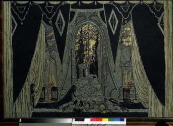 Decoração para a ópera "O convidado de pedra" de Alexandre Dargomyjski (1813-1869) (Cenografia para a ópera O convidado de pedra de A. Dargomyzhsky). Obra de Alexander Yakovlevich Golovin (Alexander Golovin) (1863-1930), óleo sobre madeira