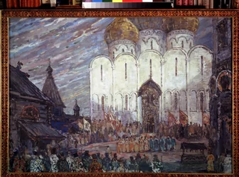 Decoração preparatória para a ópera ""Boris Godunov"" de Modeste Mussorgsky (1839-1881) (cenário para a ópera Boris Godunov, de M.Moussorgsky). Obra de Alexander Yakovlevich Golovin (Alexander Golovin) (1863-1930), guache sobre papelão