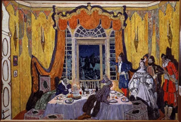 Desenho de palco para a ópera O Convidado da Pedra, de A. Dargomyzhsky (1813-1869). Pintura de Alexander Yakovlevich Golovin (Alexander Golovine) (1863-1930), óleo sobre madeira