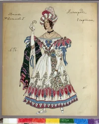 Desenho de figurino para a peça The Masquerade de M.Lermontov (1814-1841). Trabalho de Alexander Yakovlevich Golovin (Alexander Golovine) (1863-1930), aguarela, guache, tinta e lápis sobre papel