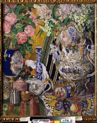 "Natureza Morta com Flores e Porcelana" Pintura de Alexander Yakovlevich Golovin (Alexander Golovin) (1863-1930) 1915 State Tretyakov Gallery, Moscovo