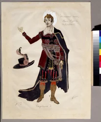Figurinos para a ópera ""Le guest de pierre"" de Alexandre Dargomyjski (1813-1869) (Figurinista para a ópera The Stone Guest de A.Dargomyzhsky). Obra de Alexander Yakovlevich Golovin (Alexander Golovin) (1863-1930); Aquarela, guache e e