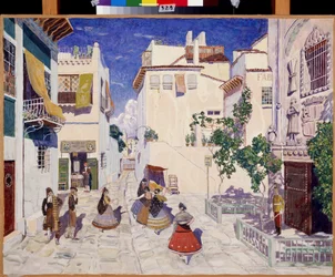 Une rue a Sevilha (Espanha), Decoração para a ópera Carmen de Georges Bizet (1838-1875) (Uma rua em Sevilha, Cenário para a ópera Carmen de G.Bizet). Obra de Alexander Yakovlevich Golovin (Alexander Golovin) (1863-1930), têmpera sobre papel