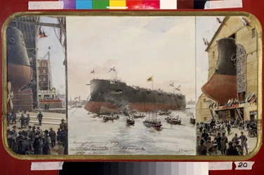 O lançamento do Battlecruiser Pamiat Azova. Pintura de Alexander Karlovich Beggrov (1841-1914). Aguarela e tinta sobre papel, 33 x 60 cm