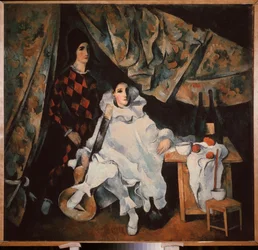 Os irmãos Cyrano malabaristas (em traje de Pierrot e Arlequim). Pintura de Alexander Vasilyevich Shevchenko (1883-1948), óleo sobre tela