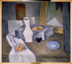 Natureza morta com maçãs e pires azuis - obra de Alexander Vasilyevich Shevchenko (1883-1948), óleo sobre cartão, cerca de 1910 - arte russa, século XX, avant garde - Museu Estatal Russo, S