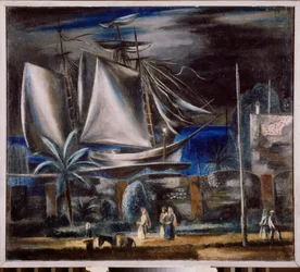 Porto marítimo, à noite (Um grande veleiro ancorado no mar Negro) - Pintura de Alexander Vasilyevich Shevchenko (Alexandre Chevtchenko) (1883-1948)
