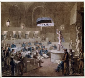 Aulas baseadas em modelos vivos na Academy of Arts (Model Class at Academy of Arts). Obra de Alexei (Alexis) Gavrilovich Venetsianov (1780-1847), aquarela sobre papel