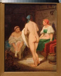 Dans le bain devapor (Em banho de vapor) - Obra de Alexei Gavrilovich Venetsianov (1780-1847), óleo sobre papelão, final de 1820, arte russa do século XIX, romantismo - Galeria Estatal Tretyakov, Moscou