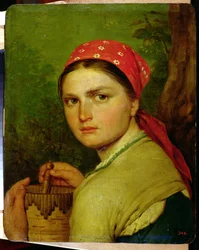 Menina, com, um, bir-bark, jarro, c.1824