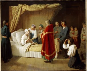 A Eucaristia aos Moribundos. Um sacerdote da Igreja Ortodoxa vem ao leito de uma mulher doente para lhe dar o sacramento litúrgico, rodeado por membros da sua família. Pintura por Alexei (Alexis) Gavrilovich Venetsianov (