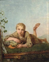 Menino pastor, com, um, cano, 1820s