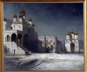 Praça da Catedral no Kremlin de Moscou à noite. (A Praça da Catedral no Kremlin de Moscou à noite). Pintura de Alexei Kondratyevich Savrasov (Savrasov) (1830-1897), óleo sobre tela