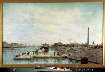 "" Cerimônia para o bicentenário (200º aniversário) do nascimento do czar Pedro I, o Grande (1672-1725) no Neva em São Petersburgo"" Pintura de Alexei Petrovich Bogolyubov (Bogoliubov ou Bogolioubov) (1824-1896) 1872 Estado russo Museu, Sai