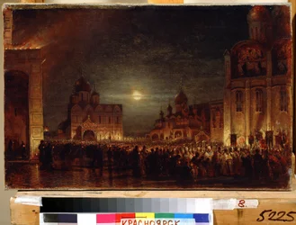 Matinas da Páscoa. Reunião matinal da multidão de fiéis, com velas acesas, à volta dos sacerdotes e bispos, para celebrar a festa litúrgica, numa praça emoldurada pelas igrejas. Pintura por Alexei Petrovich Bog