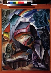 Arco em Ciel (Rainbow). Paisagem de montanha com uma aldeia e pessoas, encimada por um arco-íris. Pintura de Alexei Ilyich Kravchenko (1889-1940), óleo sobre tela, cerca de 1920. Avant-garde russo, paisagem do início do século XX. Galeria Estadual Tretyako