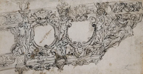 Projeto para a proa da galeria do Papa Urbano VIII com as armas Barberini das abelhas e do sol, Ignudi, tritões, hipocampos, Putti e uma alegoria da vitória como figura de proa abaixo das letras VRBA em