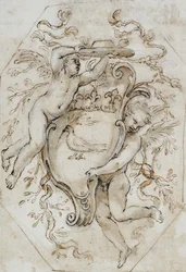 Dois Putti apoiando um chapéu de cardeal e um escudo com os braços de Camillo Pamphili: projeto para decoração de estuque,