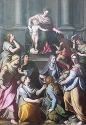 Madonna entronizada com a Criança, rodeada de santos e figuras