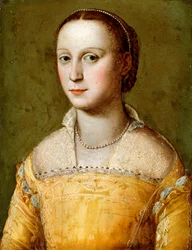 Retrato de Eleanora d "Este, meio comprimento, usando um vestido dourado,