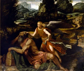 Elias adormecido é endireitado por um anjo Pintura de Alessandro Bonvicino dit il Moretto (1498-1554) Século XVI Brescia, Igreja San Giovanni Evangelista