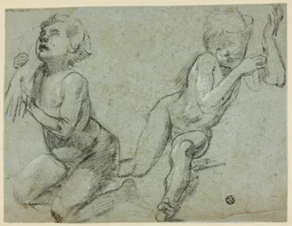 Esboços de dois putti, um segurando a mão de Cristo morto (anverso); torso e pernas de uma figura ajoelhada (verso)