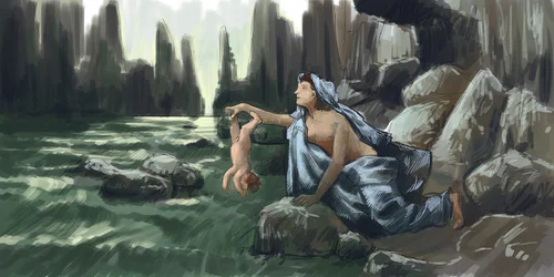 A mãe de Aquiles mergulha o filho pelo calcanhar no rio Estige para o tornar invulnerável, desenho de Alessandro Lonati, 2015