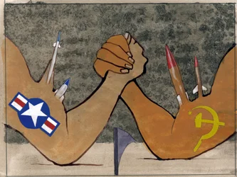 Representação alegórica da guerra fria como um braço de ferro entre as forças armadas da América e da União Soviética Ilustração de Alessandro Lonati